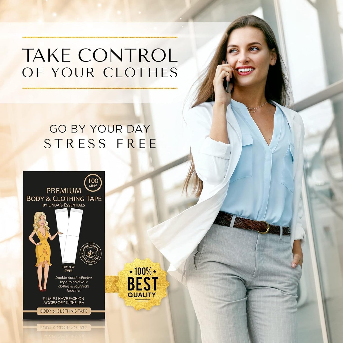 Double Sided Tape for Clothes, Body and Fashion (100 Pack), Skin Tape & Clothing Tape for Women, Hem Tape No Sew No Iron, Strong Transparent Clear Body Tape for Skin for All Shades and Sensitivity