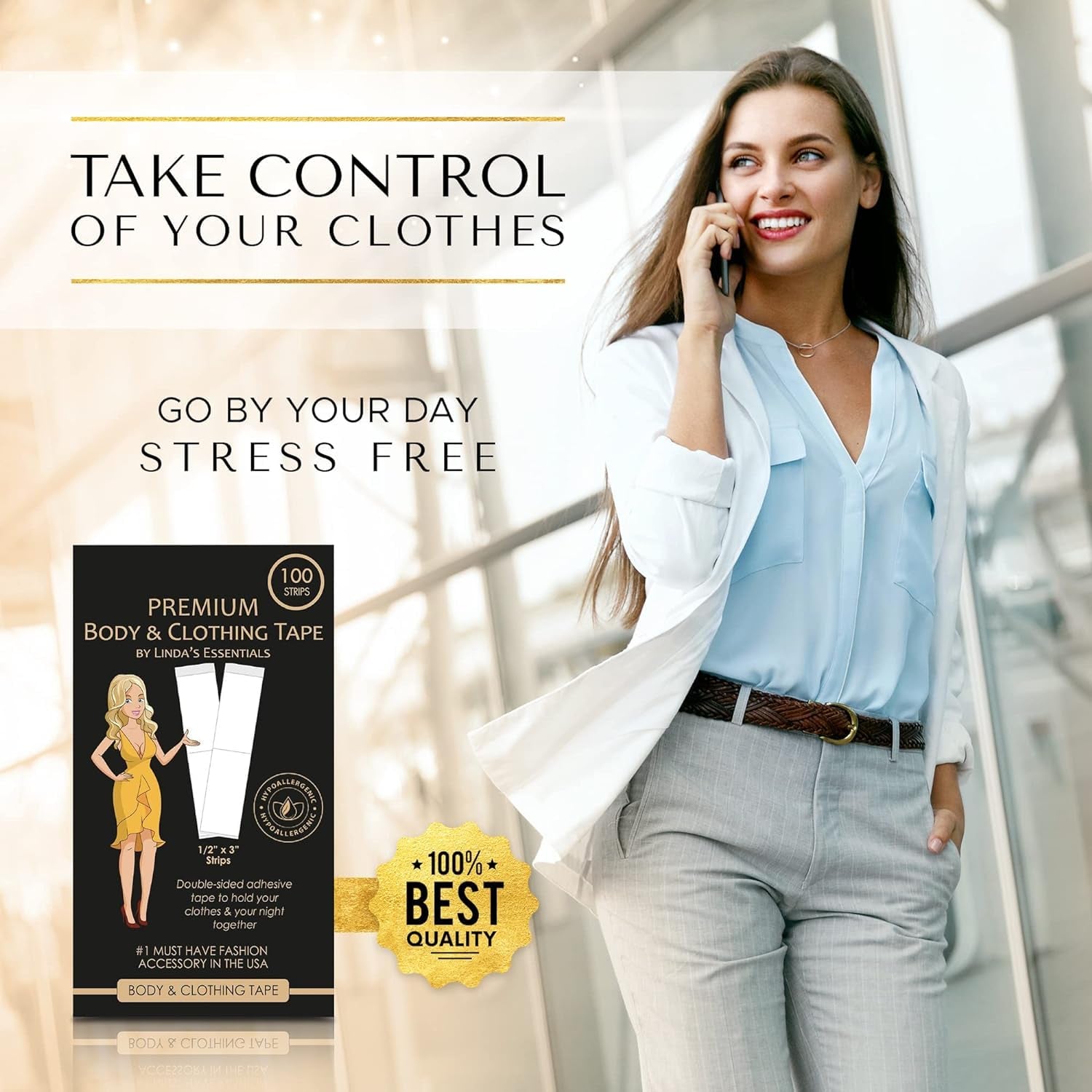 Double Sided Tape for Clothes, Body and Fashion (100 Pack), Skin Tape & Clothing Tape for Women, Hem Tape No Sew No Iron, Strong Transparent Clear Body Tape for Skin for All Shades and Sensitivity