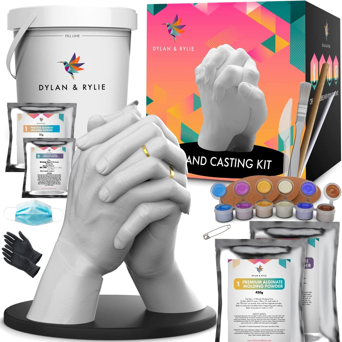 Dylan & Rylie Hand Casting Kit for Couples with Base - Complete DIY Plaster Hand Mold Kit for Couples & Painting Set W/Practice Kit & Mounting Plaque - Gift for Anniversary, Wedding & Birthday