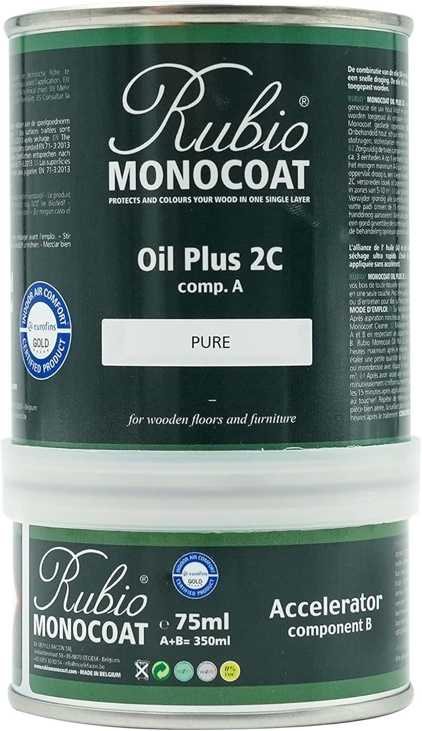 Rubio Monocoat Oil plus 2C, 350 Milliliters, Pure, Interior Wood Stain and Finish, Food Safe, Easy One-Coat, Linseed Oil, Plant Based, Voc/Solvent Free, Furniture & Flooring Hardwax Oil