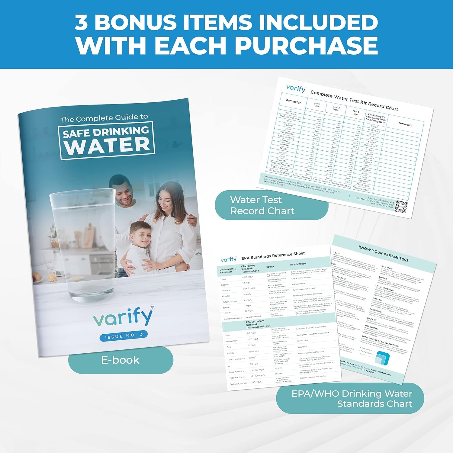 Varify 17 in 1 Complete Drinking Water Test Kit - 100 Strips + 2 Bacteria Tester Kits - Well, Tap, Home, City Water Testing Strip for Lead, Alkaline, Chlorine, Hardness, Iron, Fluoride, Copper & More