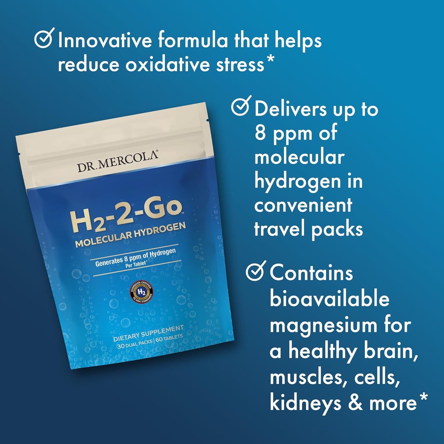 Dr. Mercola H2-2-Go Molecular Hydrogen, 60 Servings (60 Tablets), 8 Ppm of Hydrogen per Tablet, Dietary Supplement, Supports Circulatory Health