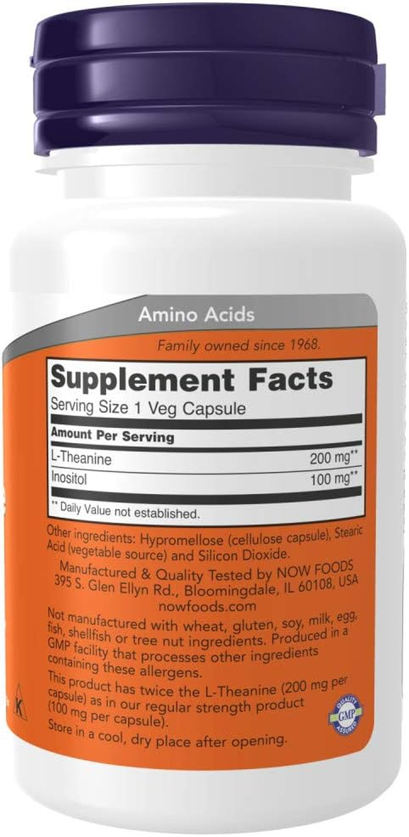 NOW Foods Supplements, L-Theanine 200 Mg with Inositol, Stress Management*, 60 Veg Capsules