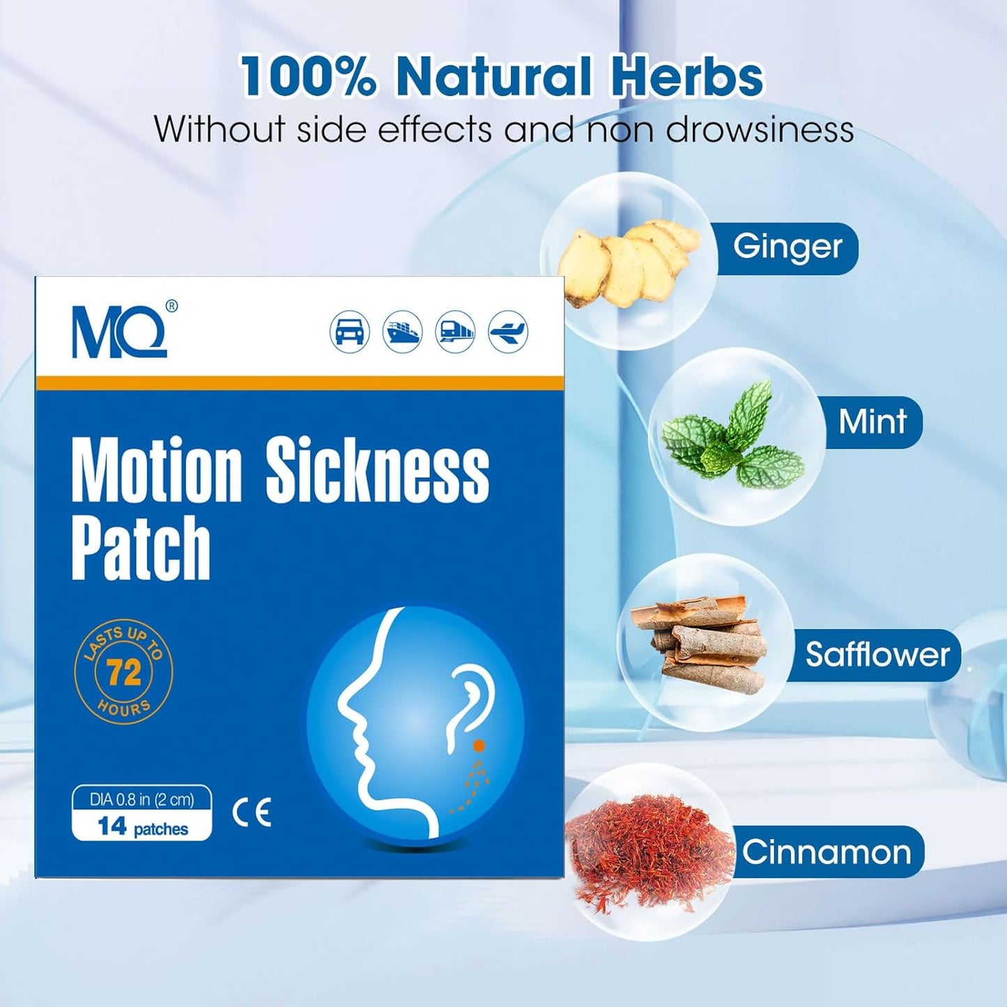 MQ 14Ct Motion Sickness Patches Non Drowsy - Sea Sickness Patches for Cruise Travel Essentials, Waterproof Patch behind Ear for Car Airplane Altitude Sickness, Long Last 72H