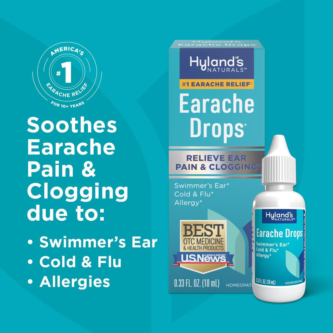 Hyland'S Earache Drops, Natural Relief of Swimmer'S Ear, Cold & Flu, Allergy Symptoms, Ages 4 & Up, Day & Night, 0.33 Fl Oz
