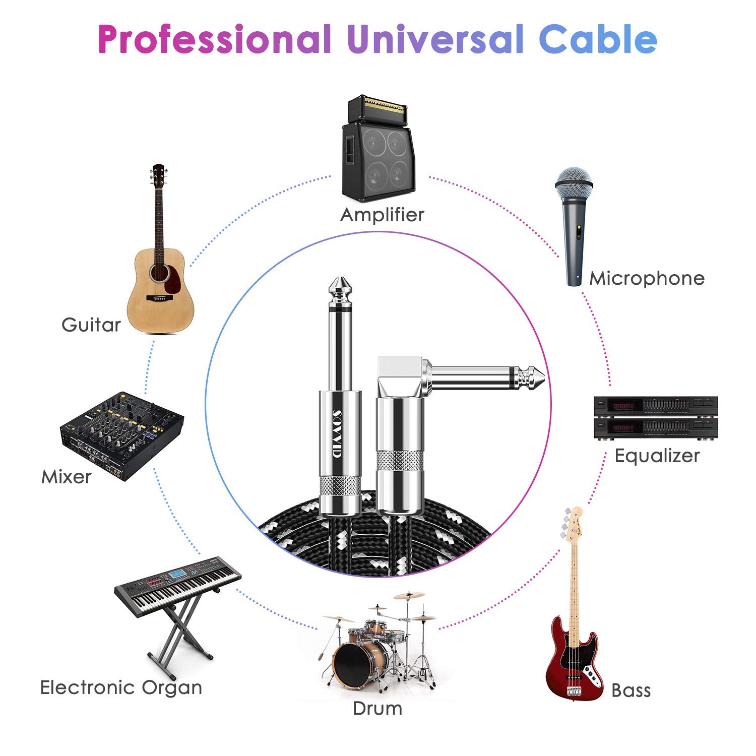 Guitar Cable 10FT Instrument Cable Guitar Cord Electric Guitar Cable Guitar AMP Cord for Bass Guitar Keyboard 1/4 Inch Cable Right Angle Black White
