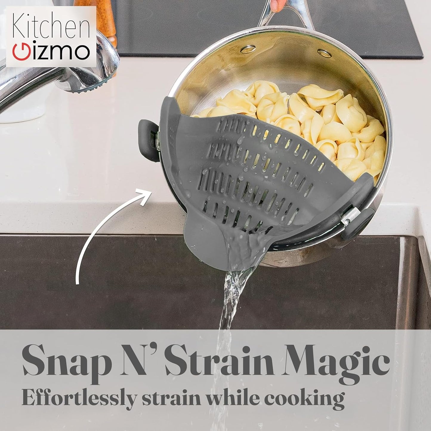 Kitchen Gizmo Snap N' Strain - Silicone Clip-On Colander, Heat Resistant Drainer for Vegetables and Pasta Noodles, Kitchen Gadgets for Bowl, Pots, and Pans - Essential Home Cooking Tools - Grey