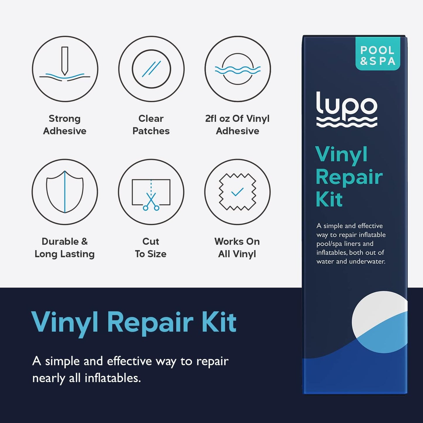 Lupo 12 Piece Heavy Duty Vinyl Repair Kit for above Ground Swimming Pool Liners, Hot Tubs, Inflatables, Air Beds (Repair Patches, Glue and Application Tool)