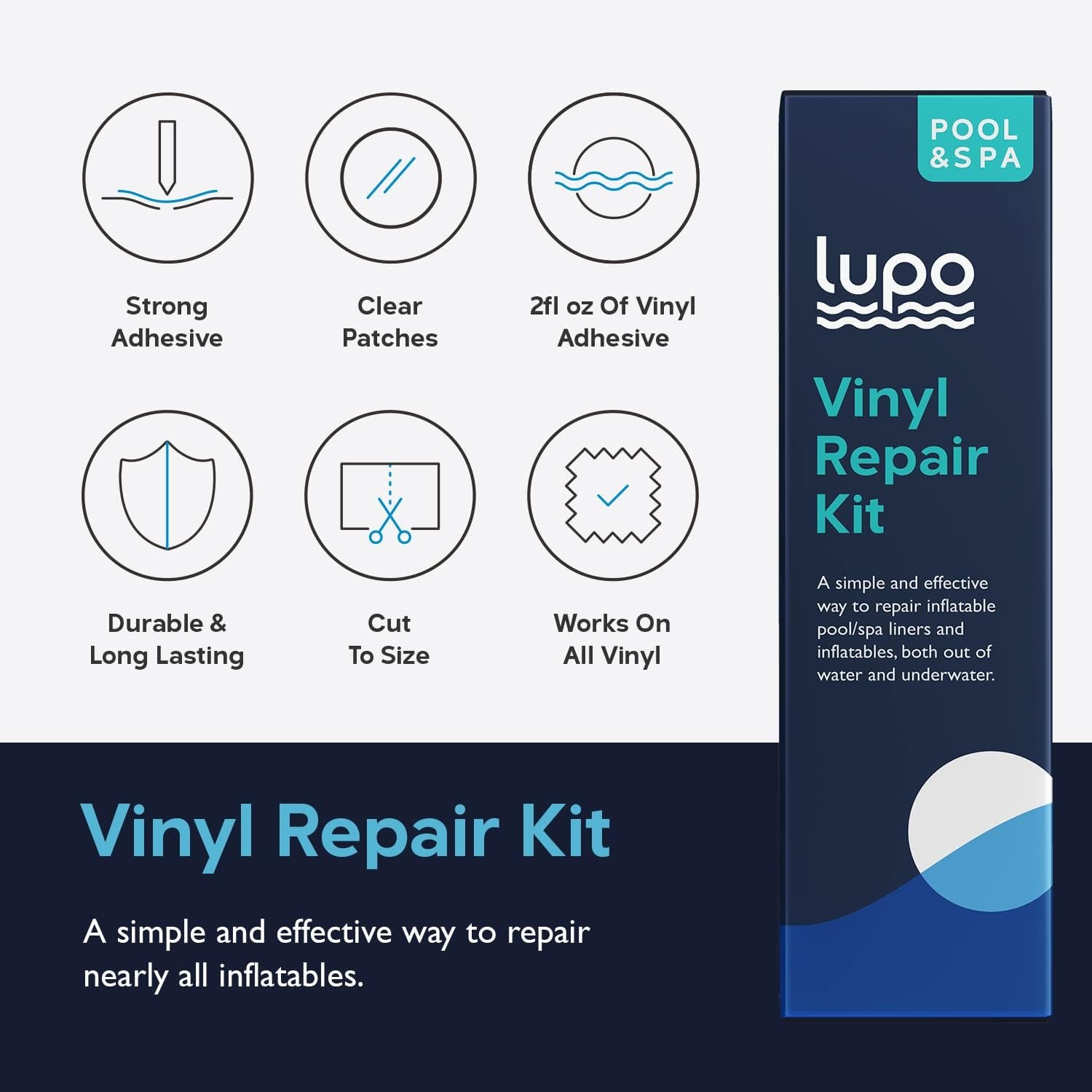Lupo 12 Piece Heavy Duty Vinyl Repair Kit for above Ground Swimming Pool Liners, Hot Tubs, Inflatables, Air Beds (Repair Patches, Glue and Application Tool)