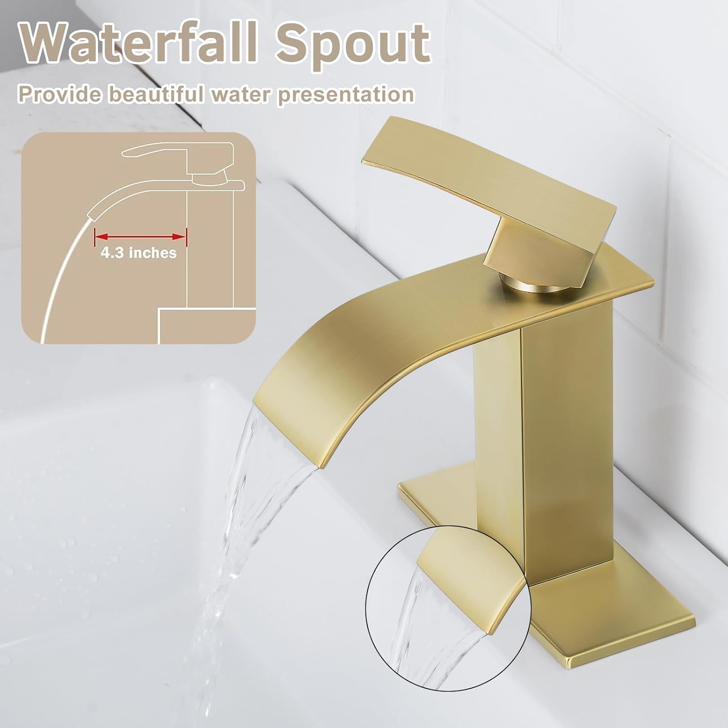 Qomolangma Waterfall Bathroom Faucet, Brushed Gold Modern Single Handle Bathroom Faucets for 1 or 3 Hole Bathroom Sink Faucet Mixer Tap Washbasin Faucet with Deck, Pop-Up Drain and Supply Hoses