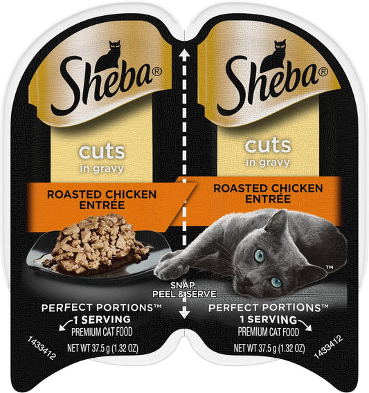 SHEBA PERFECT PORTIONS Cuts in Gravy Wet Cat Food Trays (24 Count, 48 Servings), Roasted Chicken Entrée, Easy Peel Twin-Pack Trays