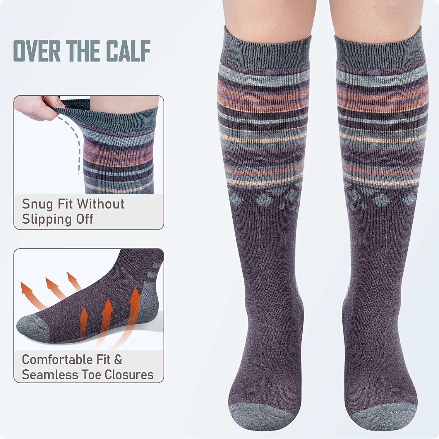 Ski Socks 2-Pack Merino Wool, over the Calf Non-Slip Cuff for Men & Women