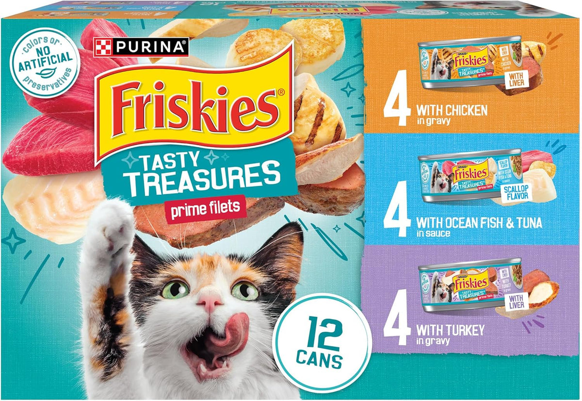 Purina Friskies Gravy Wet Cat Food Variety Pack, Tasty Treasures Prime Filets - 5.5 Ounce (Pack of 12)