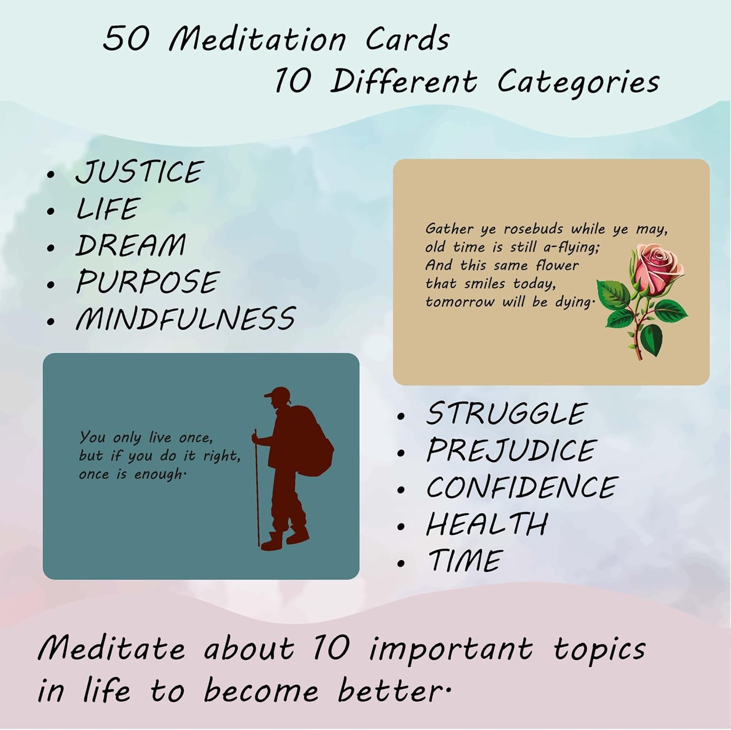 SEFFY 50 Affirmation Cards | Mindfulness Cards | Meditation Exercises with Quotes | Great Cards for Stress Relief, Self Care and Relaxation