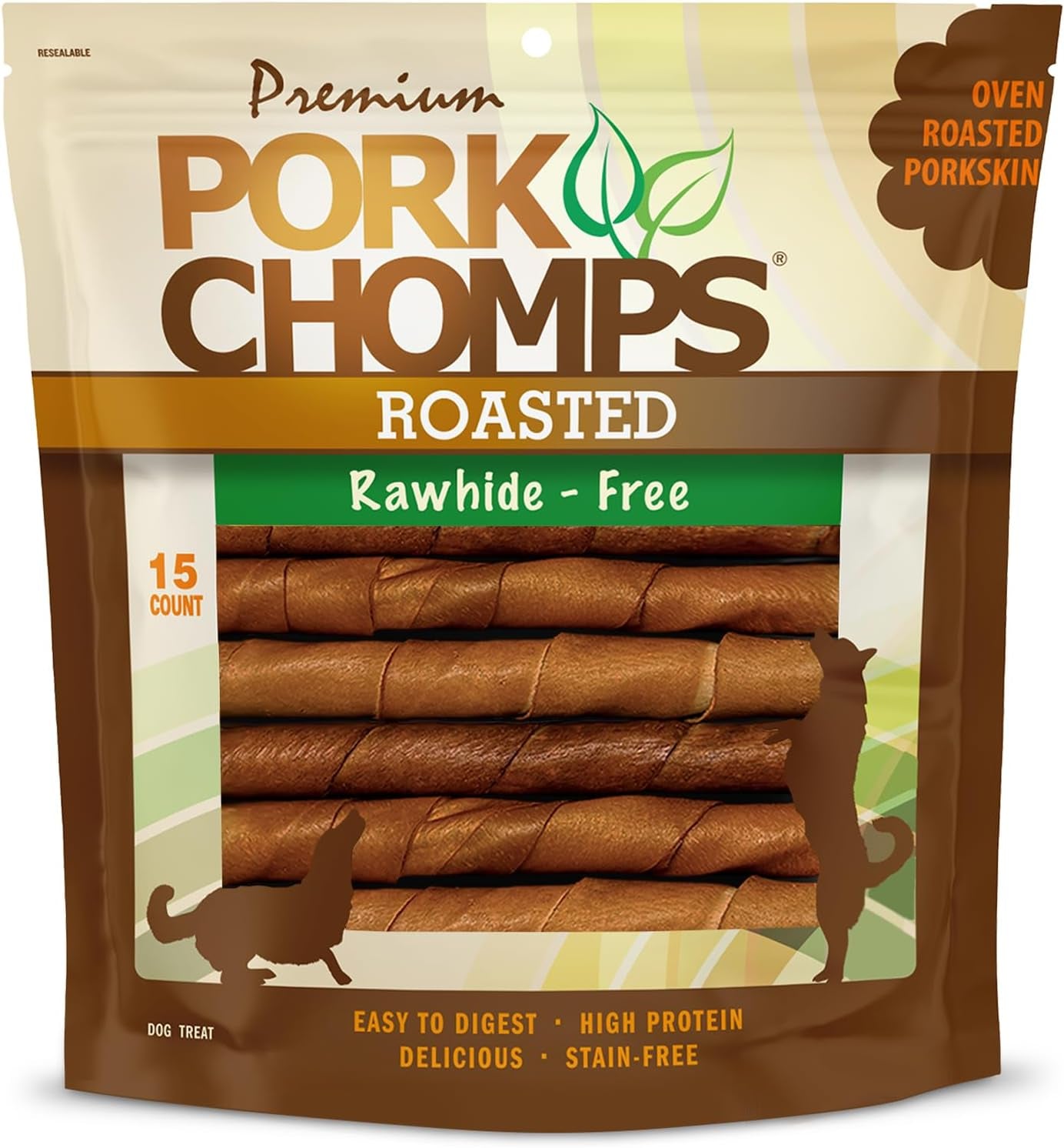 Pork Chomps Roasted Pork Skin Dog Chews, 6-Inch Twists, 15 Count