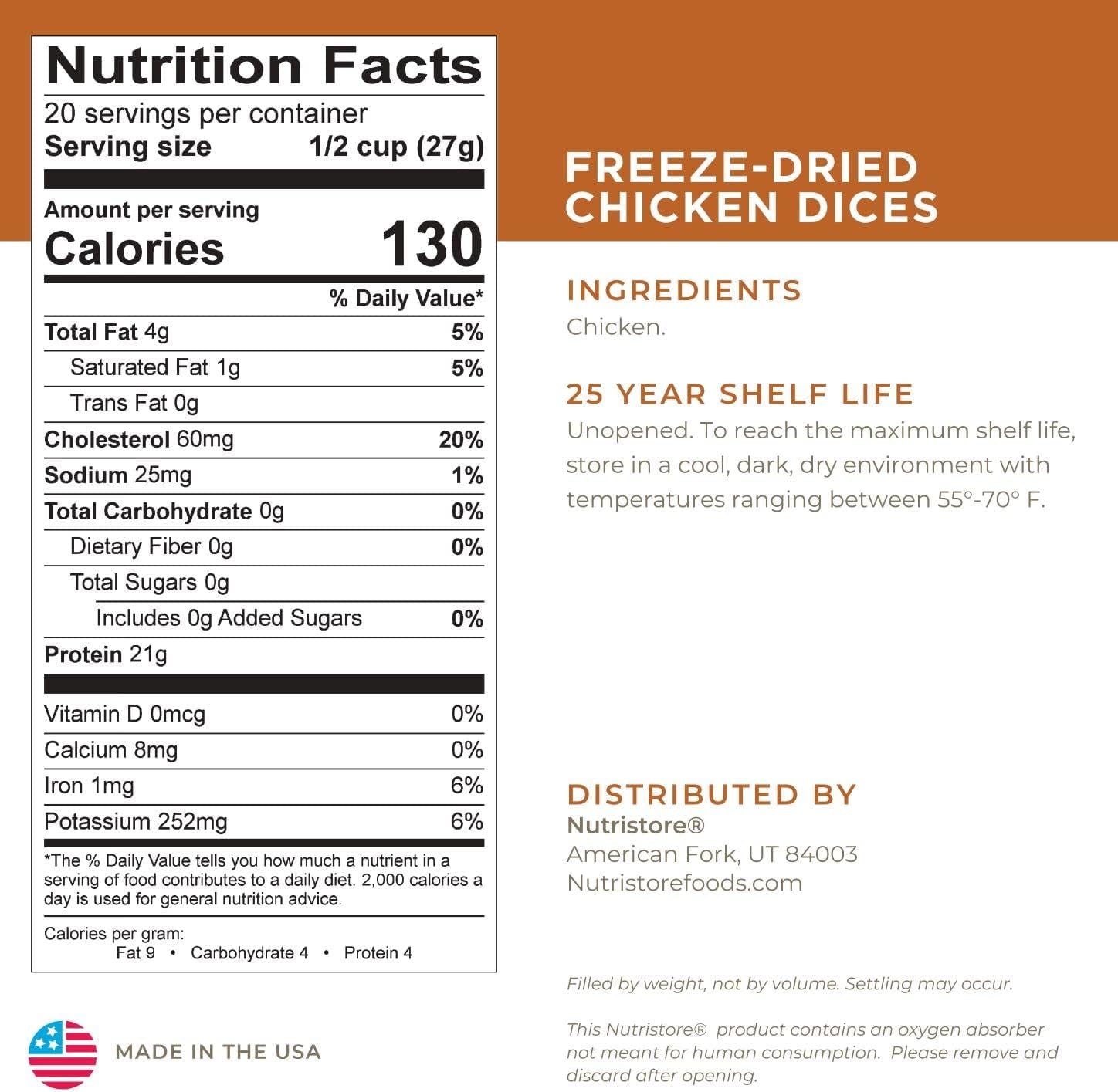 Nutristore Freeze-Dried Chicken | Emergency Survival Bulk Food Storage Meat | Perfect for Lightweight Backpacking, Camping & Home Meals | USDA Inspected | 25-Year Shelf Life