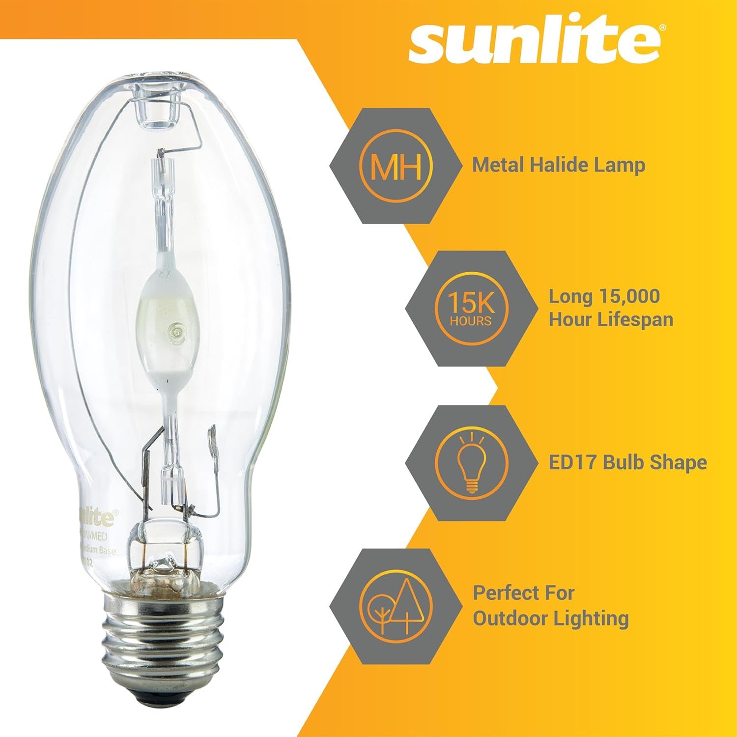 Sunlite 03650-SU MH150/U/MED M102 Metal Halide Lamp, 150 Watts, Pulse Start, Medium Base (E26), ED17, 15,000 Hours Life, 14000 Lumen, Clear Finish, 4000K