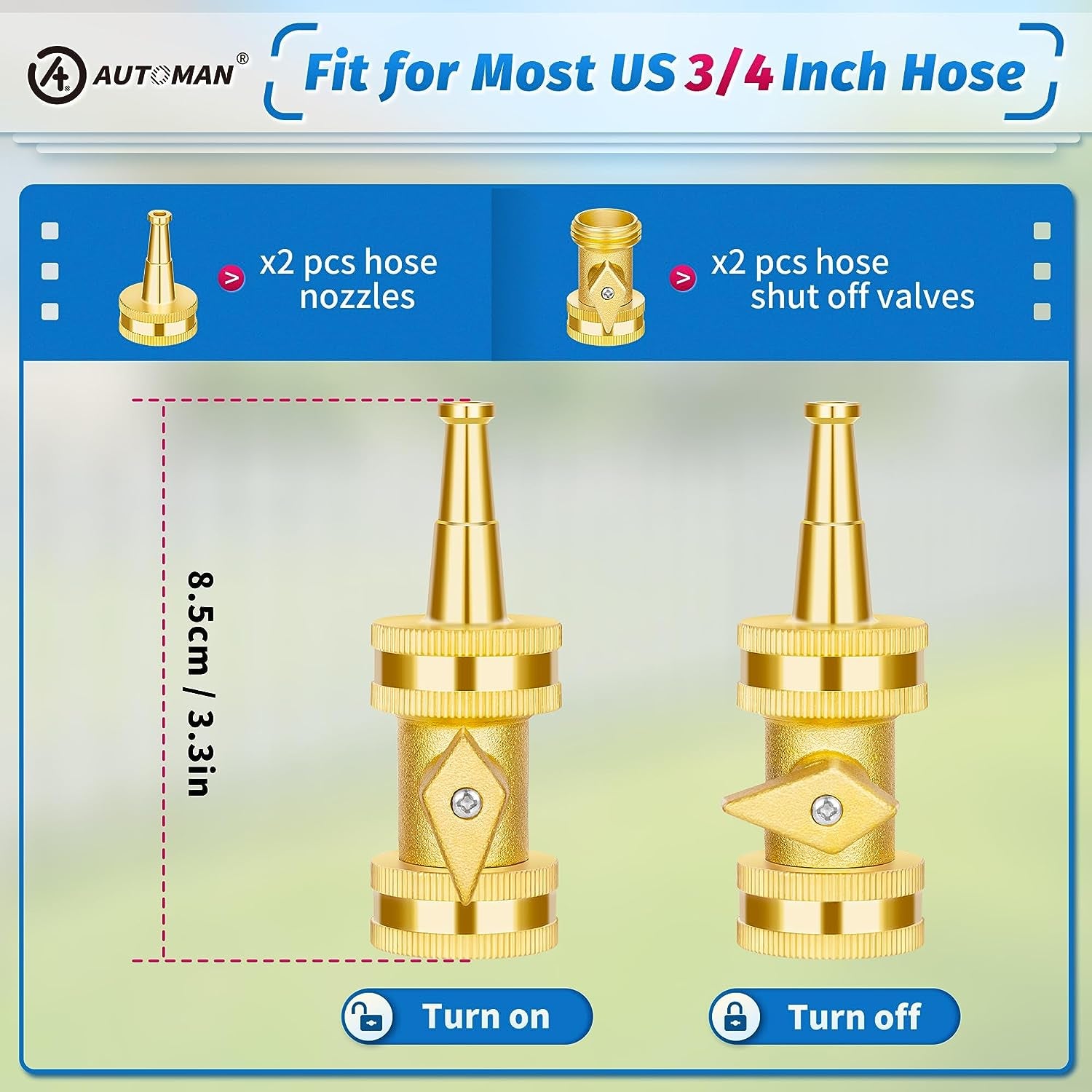 AUTOMAN Brass Hose Nozzle - High Pressure Jet Nozzle 4 Count (2 Set), Heavy Duty Water Hose Sprayer Sweeper with Hose Shutoff Valve, 3/4” GHT Nozzles for Garden Hose, Car Wash, Extra 10 Rubber Washers
