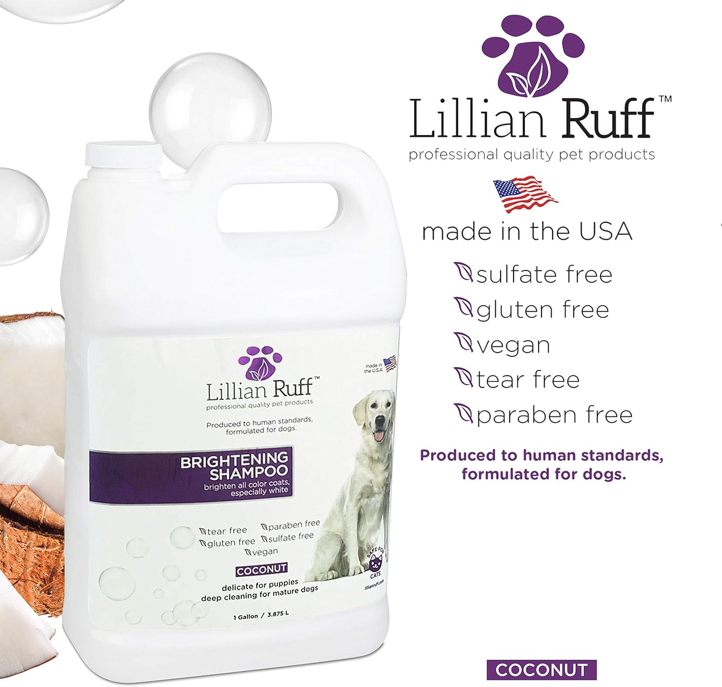 Lillian Ruff Ultra-Brightening Professional Whitening Shampoo for Dogs with Aloe & Coconut Oil for Dry Skin & Itch Relief - Ph-Balanced Dog Whitening Shampoo Remove Stains, Yellowing, & Odor (Gallon)