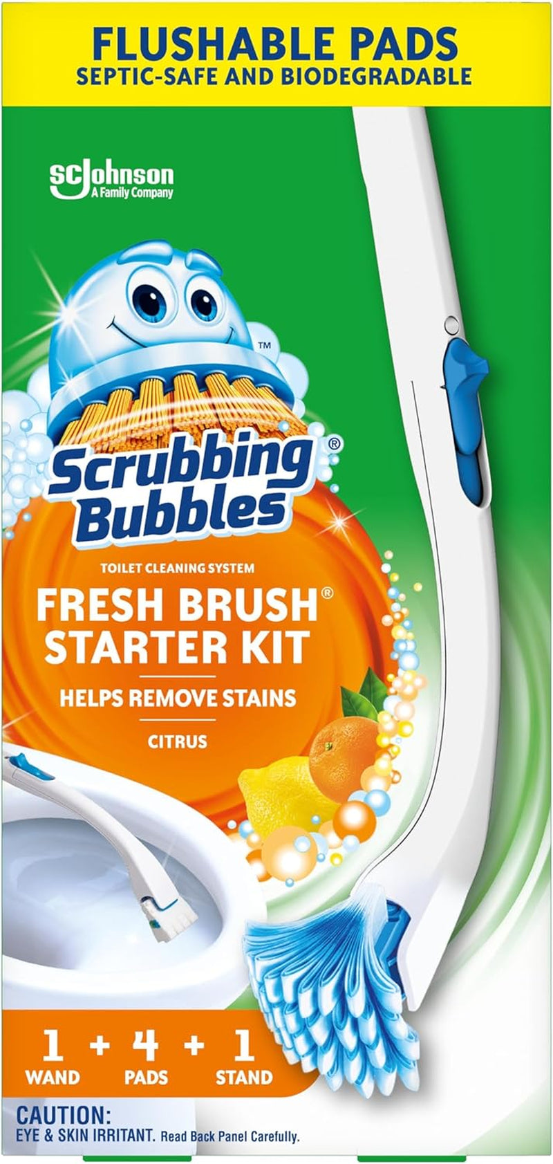 Scrubbing Bubbles Toilet Bowl Brush and Holder with Toilet Cleaner Refill Pads, Fresh Brush Toilet Wand Starter Kit, Cleans Limescale & Fights Odors, Citrus Scent, 1 Toilet Wand + 4 Refills + 1 Stand