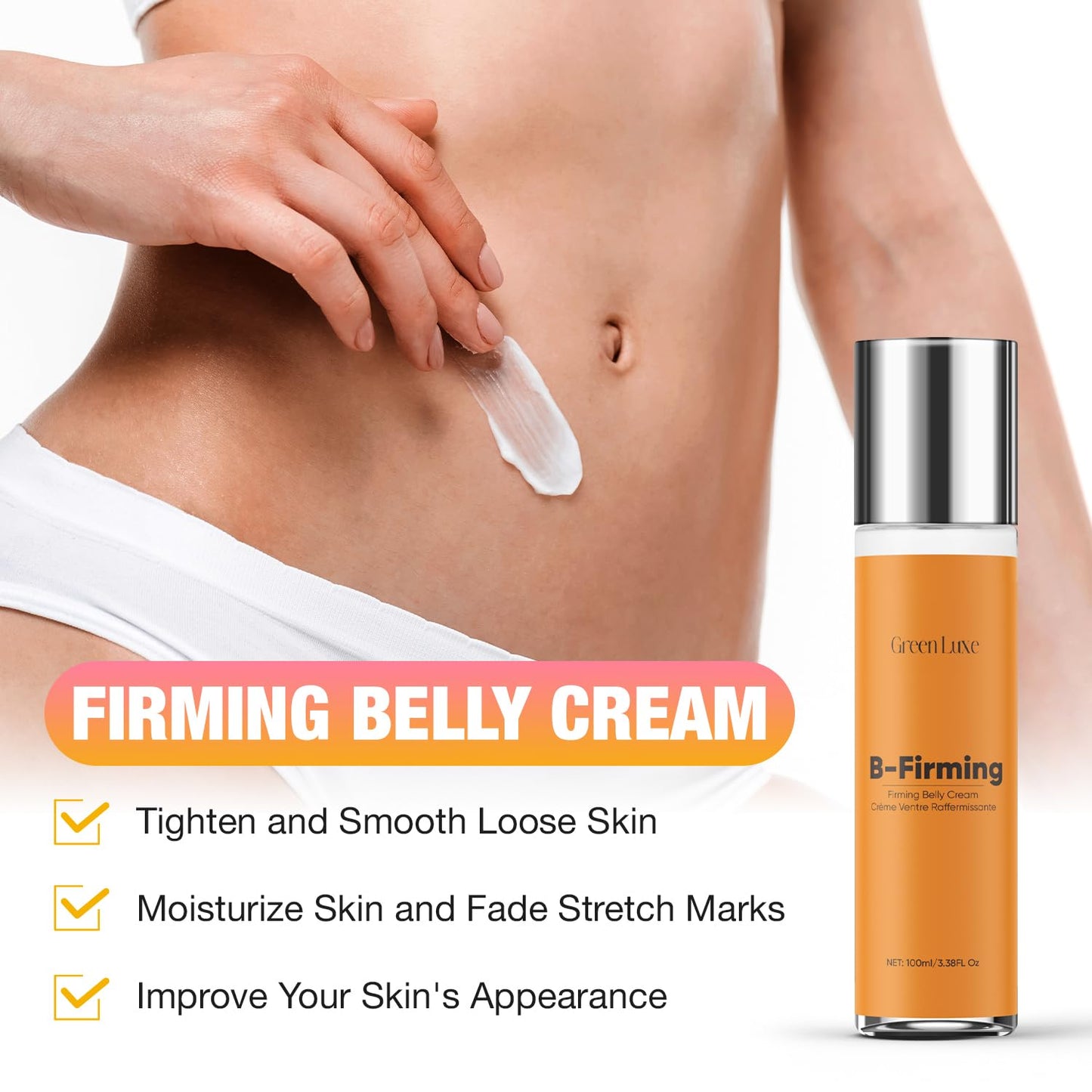 B Flat Belly Firming Cream - Skin Firming and Tightening for Tummy, Thighs, Arms, Butt - Stretch Mark & Cellulite Moisturizing Stomach Body Lotion for Women - 3.38 Fl Oz