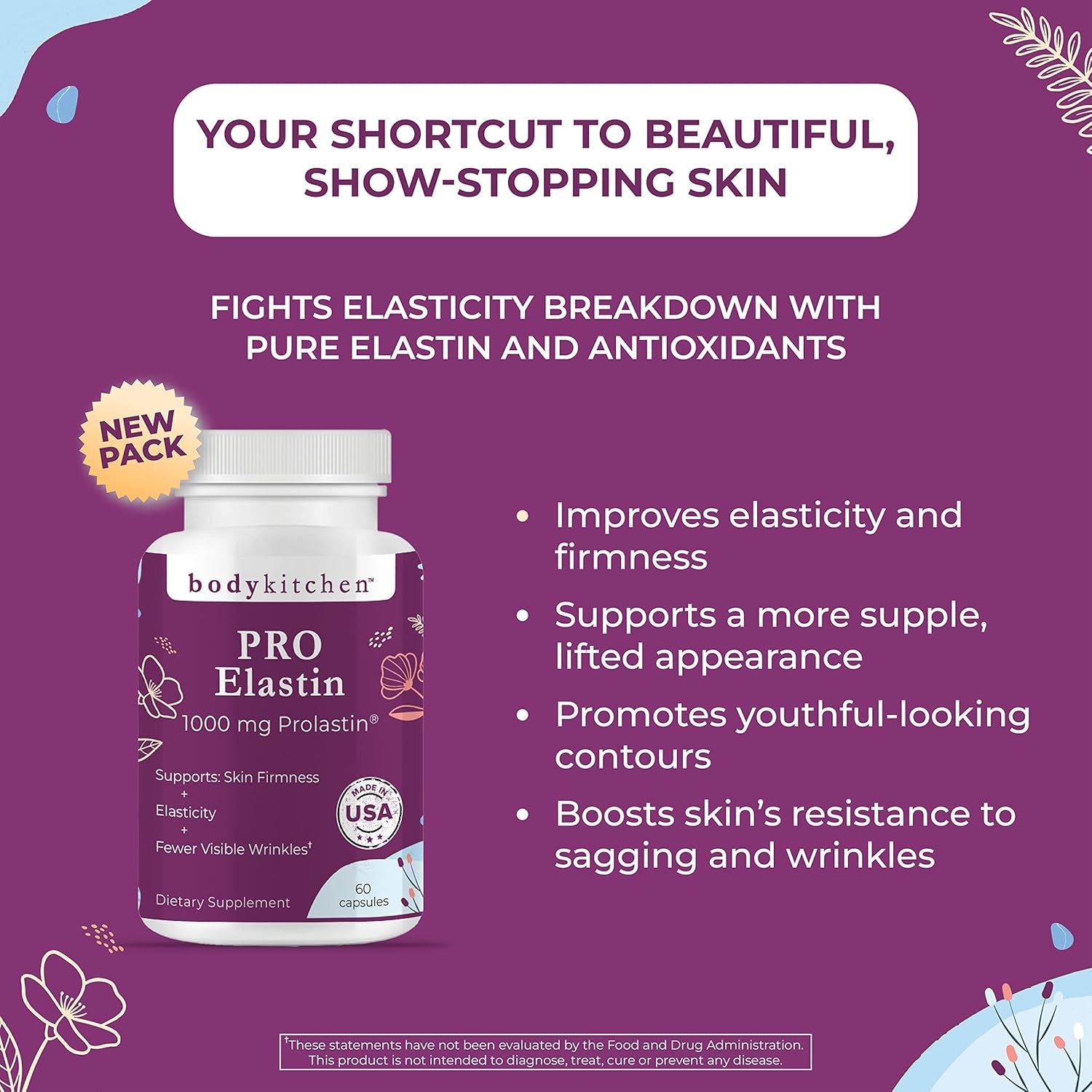 Body Kitchen Pro-Elastin, 1000 Mg Elastin Supplement, Help Reduce Signs of Aging, Improved Skin Health, Firmness & Elasticity, Fewer Wrinkles, Veggie Caps, (Pack of 1)