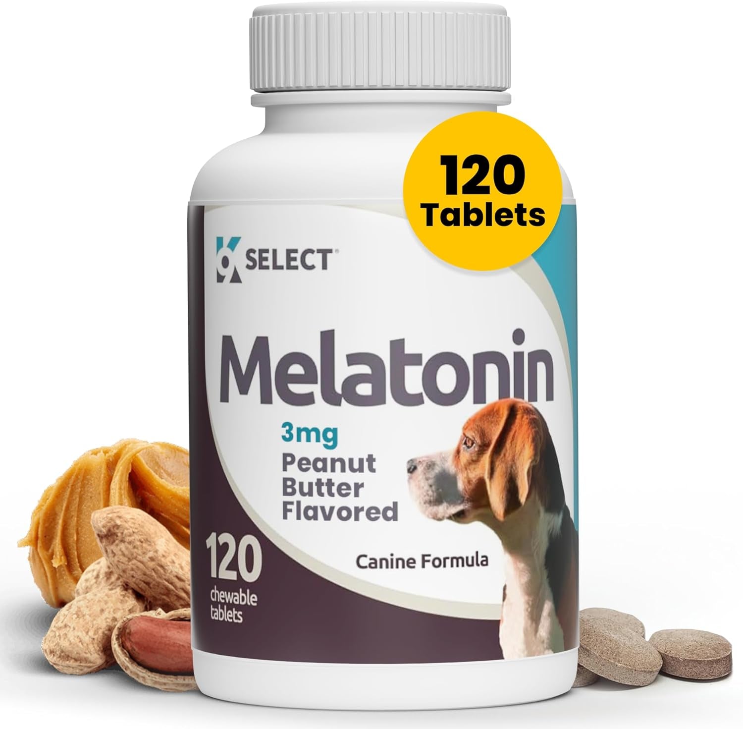 K9 Select Melatonin for Dogs - Calming Aid for Dogs - Adrenal Support Dog Sleep Aid - Reduce Stress, Pet Melatonin Calming Treats for Medium Sized Dogs - 3 Mg, 120 Peanut Butter Flavored Capsules