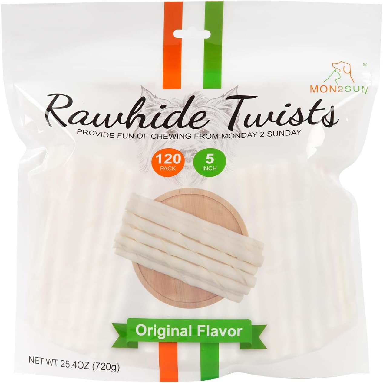 MON2SUN Dog Rawhide Twist Sticks Natural 5 Inch Thin Sticks Rawhide Chews Dog Treats for Puppy and Small Dogs 120 Count