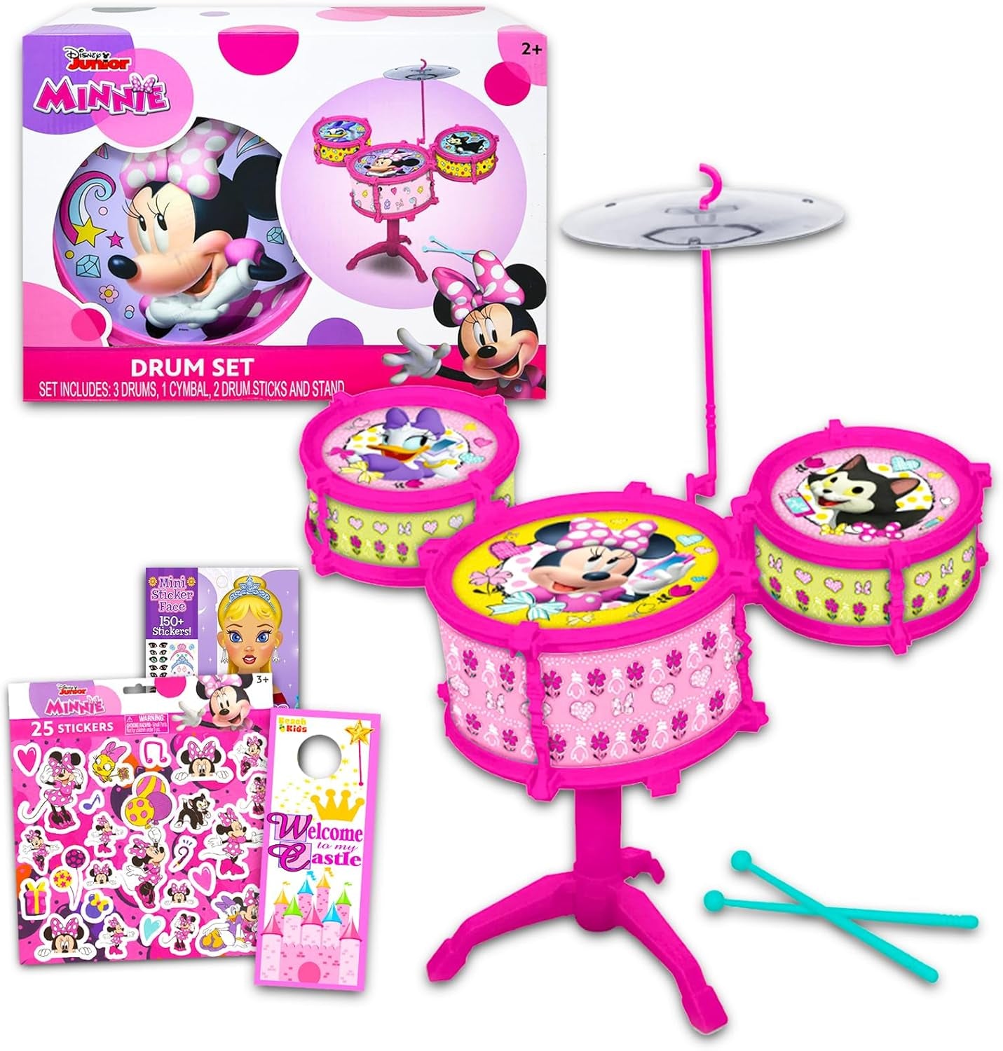 Minnie Mouse Drum Set for Girls - Bundle with Minnie Drum Music Set, Minnie Stickers, More | Minnie Musical Toys for Girls