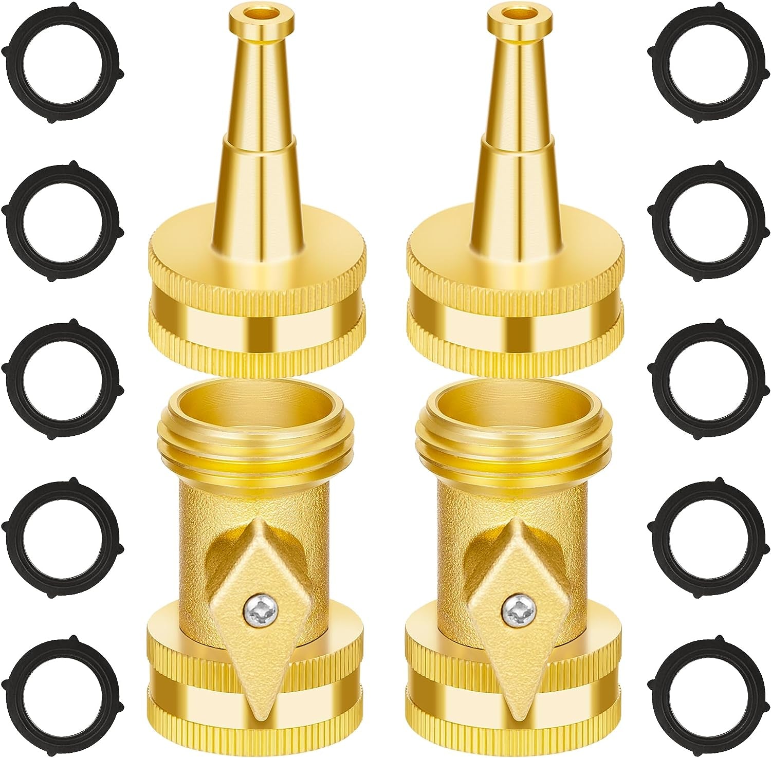 AUTOMAN Brass Hose Nozzle - High Pressure Jet Nozzle 4 Count (2 Set), Heavy Duty Water Hose Sprayer Sweeper with Hose Shutoff Valve, 3/4” GHT Nozzles for Garden Hose, Car Wash, Extra 10 Rubber Washers
