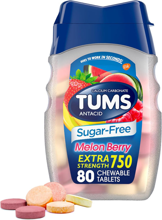 TUMS Extra Strength Chewable Sugar Free Antacid Tablets for Heartburn Relief, Melon Berry - 80 Count