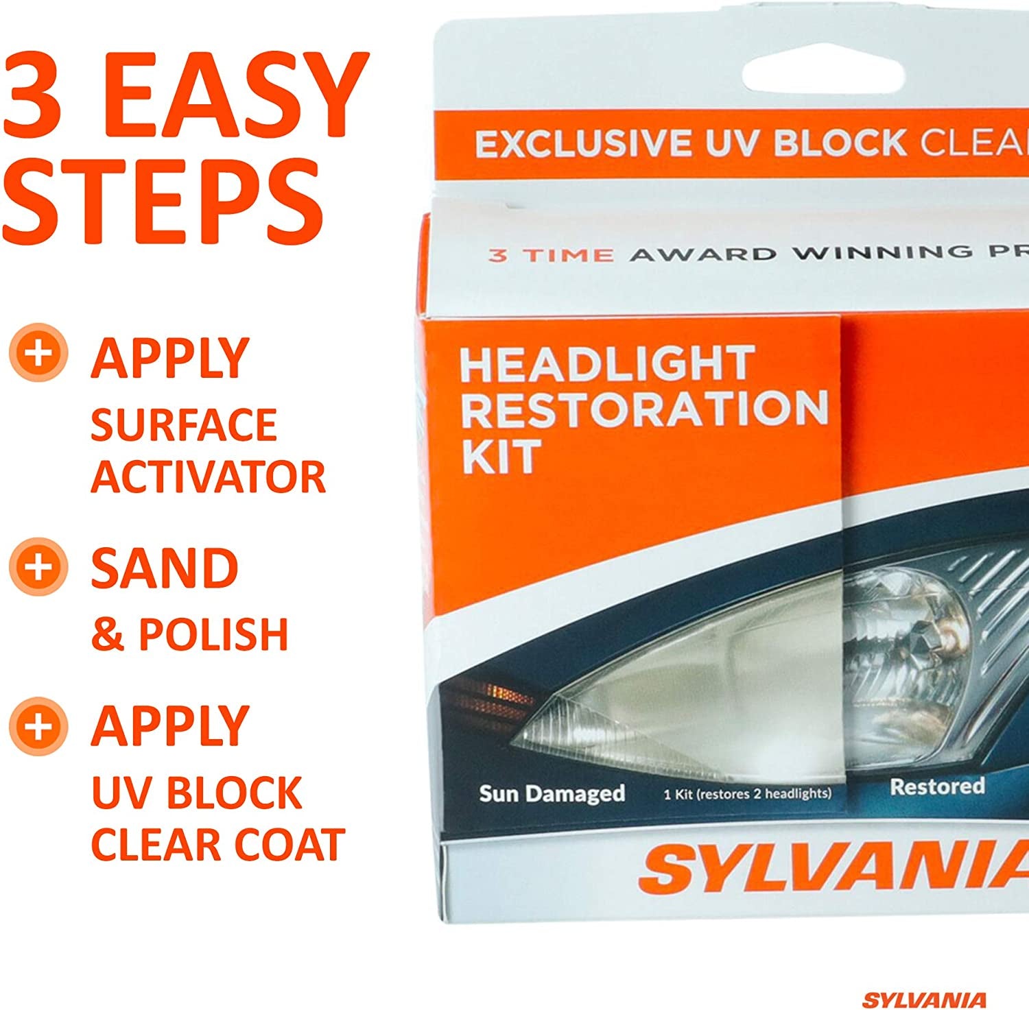 SYLVANIA - Headlight Restoration Kit - 3 Easy Steps to Restore Sun Damaged Headlights with Exclusive UV Block Clear Coat, Light Output and Beam Pattern Restored, Long Lasting Protection