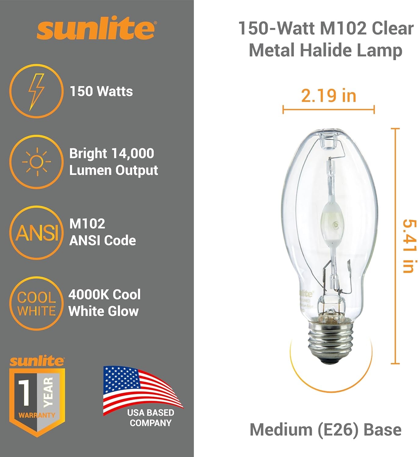 Sunlite 03650-SU MH150/U/MED M102 Metal Halide Lamp, 150 Watts, Pulse Start, Medium Base (E26), ED17, 15,000 Hours Life, 14000 Lumen, Clear Finish, 4000K