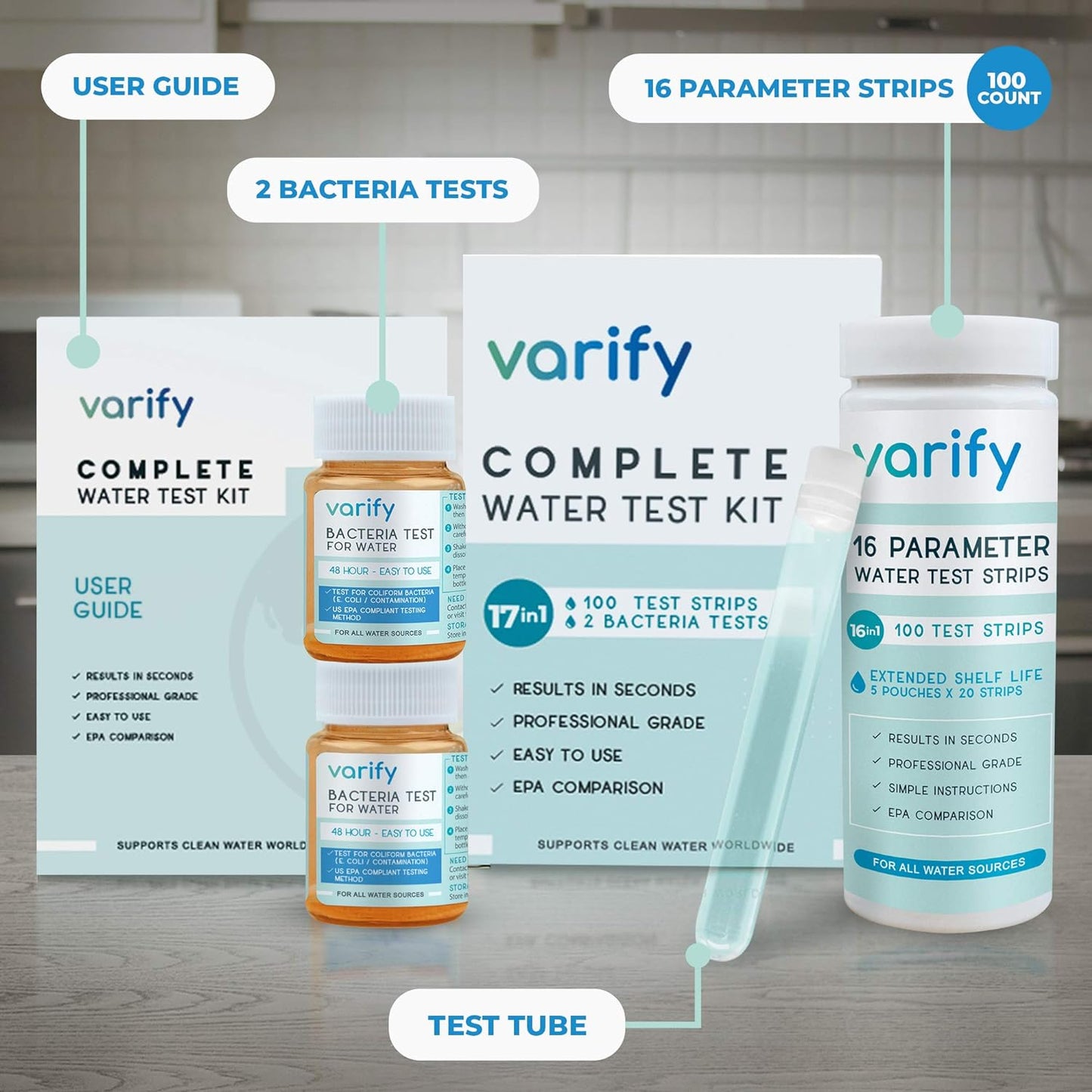 Varify 17 in 1 Complete Drinking Water Test Kit - 100 Strips + 2 Bacteria Tester Kits - Well, Tap, Home, City Water Testing Strip for Lead, Alkaline, Chlorine, Hardness, Iron, Fluoride, Copper & More